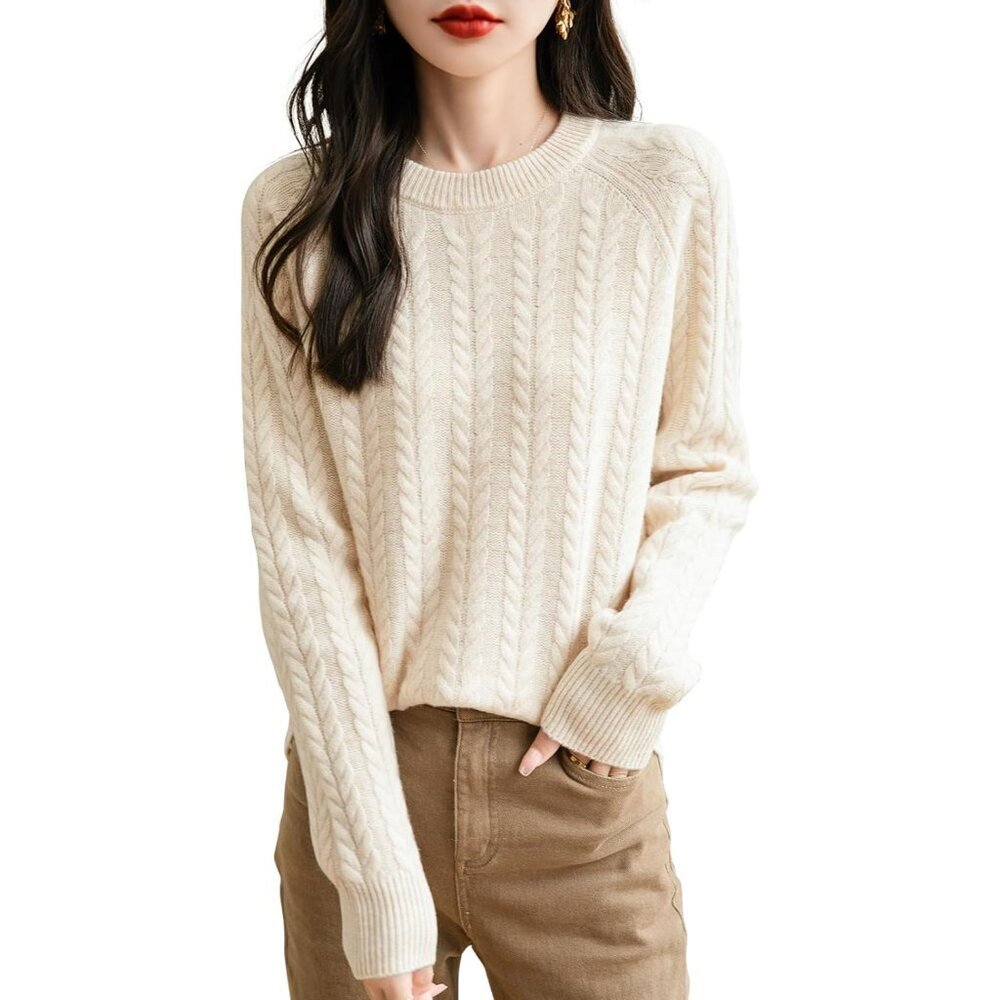 Women's Merino Wool Sweater Vintage Cable Crew Neck Long Sleeve Warm